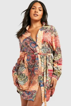 Shirt Dresses*boohoo Plus Paisley Long Sleeve Shirt Dress orange