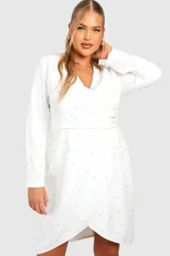 Wrap Dresses|Mini Dresses*boohoo Plus Pearl Detail Wrap Dress white