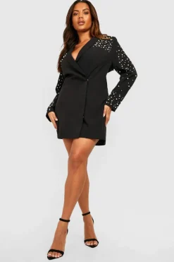 Blazer Dresses|Long Sleeve Dresses*boohoo Plus Pearl Embellished Blazer Dress black