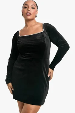 Skater Dresses|Mini Dresses*boohoo Plus Pearl Square Neck Skater Dress black