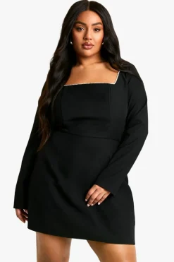 Skater Dresses|Mini Dresses*boohoo Plus Pearl Trim Skater Dress black
