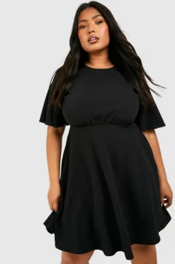 Skater Dresses*boohoo Plus Pleated Angel Sleeve Skater Dress black