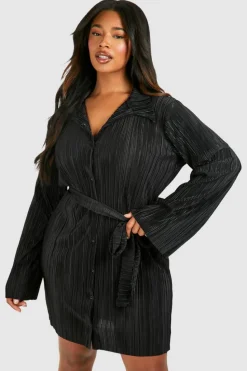 Shirt Dresses|Mini Dresses*boohoo Plus Plisse Flared Sleeve Tie Shirt Dress black
