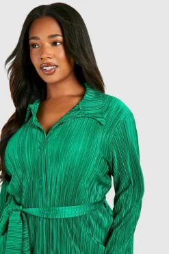 Shirt Dresses*boohoo Plus Plisse Flared Sleeve Tie Shirt Dress green