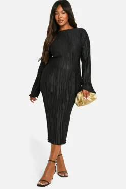 Midi Dresses*boohoo Plus Plisse Flared Sleeve Low Back Column Midi Dress black
