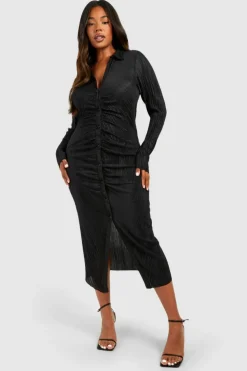 Shirt Dresses|Midi Dresses*boohoo Plus Plisse Midi Ruched Shirt Dress black