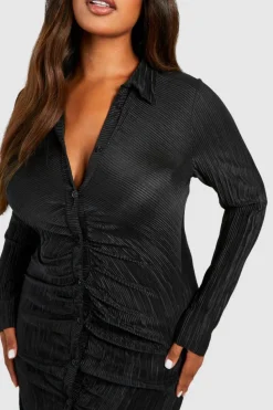 Shirt Dresses|Midi Dresses*boohoo Plus Plisse Midi Ruched Shirt Dress black