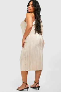 Midi Dresses*boohoo Plus Plisse Off Shoulder Split Midi Dress champagne