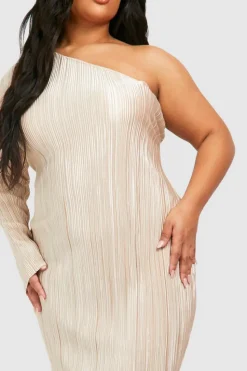 Midi Dresses*boohoo Plus Plisse Off Shoulder Split Midi Dress champagne