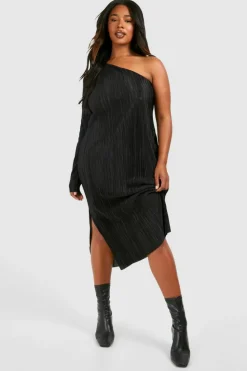Midi Dresses*boohoo Plus Plisse Off Shoulder Split Midi Dress black