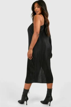 Midi Dresses*boohoo Plus Plisse Off Shoulder Split Midi Dress black