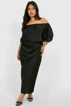 Midi Dresses*boohoo Plus Plisse Off Shoulder Midi Dress black