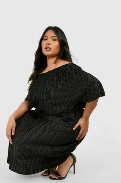 Midi Dresses*boohoo Plus Plisse Off Shoulder Midi Dress black