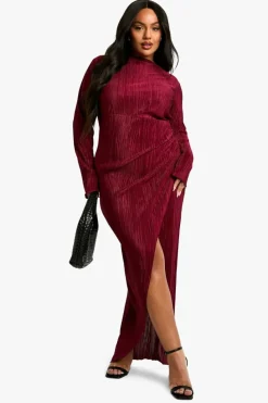 Wrap Dresses|Maxi Dresses*boohoo Plus Plisse Pleated Wrap Maxi Dress wine