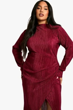 Wrap Dresses|Maxi Dresses*boohoo Plus Plisse Pleated Wrap Maxi Dress wine