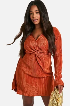 Shirt Dresses*boohoo Plus Plisse Twist Front Shirt Dress rust