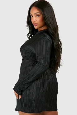 Shirt Dresses*boohoo Plus Plisse Twist Front Shirt Dress black
