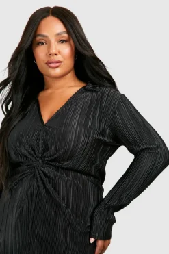 Shirt Dresses*boohoo Plus Plisse Twist Front Shirt Dress black