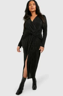 Wrap Dresses|Midi Dresses*boohoo Plus Plisse Wrap Midi Dress black