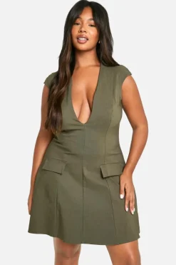 Skater Dresses*boohoo Plus Plunge Pocket Detail Skater Dress khaki