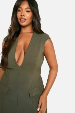 Skater Dresses*boohoo Plus Plunge Pocket Detail Skater Dress khaki