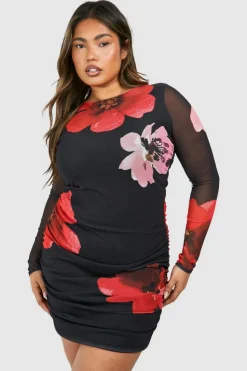 Bodycon Dresses*boohoo Plus Plus Printed Ruched Bodycon Dress black