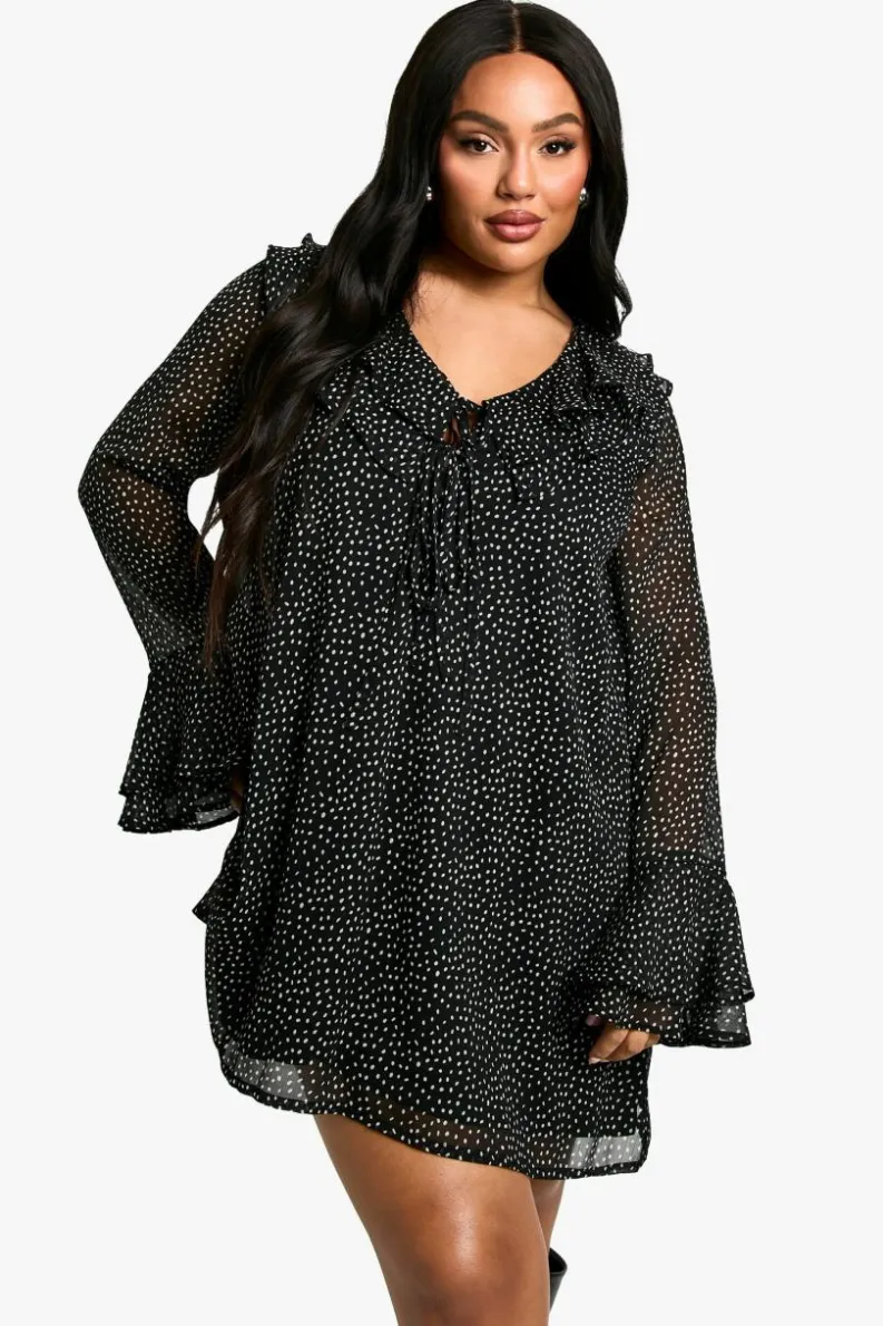 Smock Dresses|Mini Dresses*boohoo Plus Polka Dot Chiffon Smock Dress black
