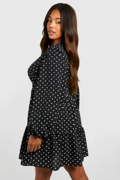 Wrap Dresses|Mini Dresses*boohoo Plus Polka Dot Wrap Balloon Smock Dress black