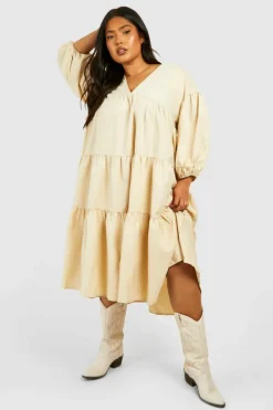 Smock Dresses|Midi Dresses*boohoo Plus Poplin V Neck Tiered Midi Smock Dress stone