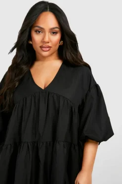 Smock Dresses*boohoo Plus Poplin V Neck Tiered Smock Dress black
