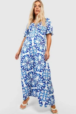 Smock Dresses*boohoo Plus Porcelain Print Puff Sleeve Maxi Dress blue