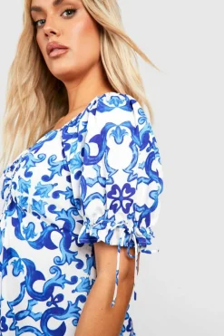 Smock Dresses*boohoo Plus Porcelain Print Puff Sleeve Maxi Dress blue