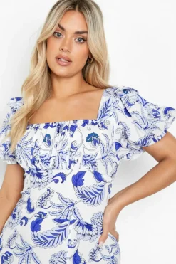 Smock Dresses*boohoo Plus Porcelain Print Ruched Maxi Dress blue