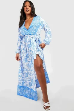 Wrap Dresses*boohoo Plus Porcelain Wrap Tie Belt Maxi Dress blue