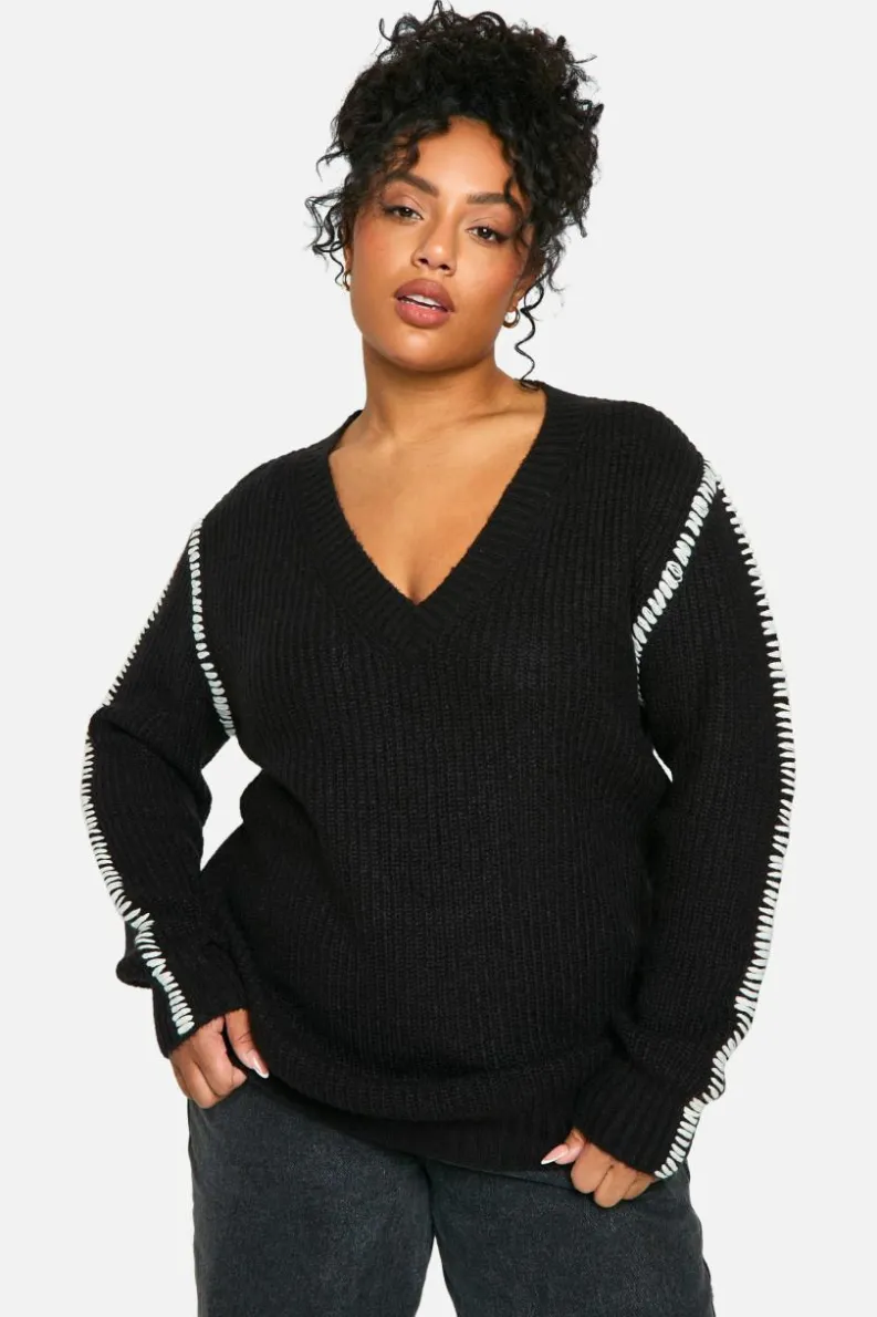 Jumpers|Jumpers & Cardigans*boohoo Plus Premium Contrast Trim V Neck Longline Jumper black