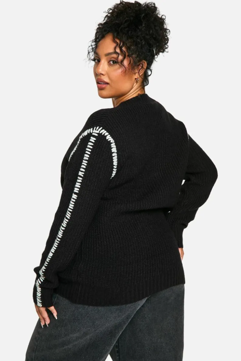 Jumpers|Jumpers & Cardigans*boohoo Plus Premium Contrast Trim V Neck Longline Jumper black
