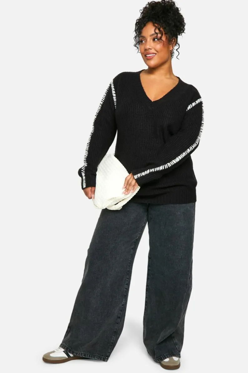 Jumpers|Jumpers & Cardigans*boohoo Plus Premium Contrast Trim V Neck Longline Jumper black