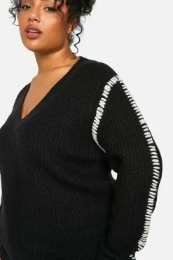 Jumpers|Jumpers & Cardigans*boohoo Plus Premium Contrast Trim V Neck Longline Jumper black