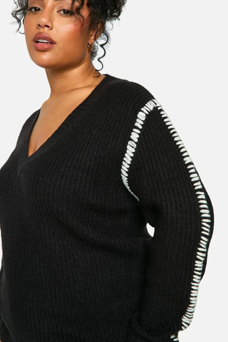 Jumpers|Jumpers & Cardigans*boohoo Plus Premium Contrast Trim V Neck Longline Jumper black