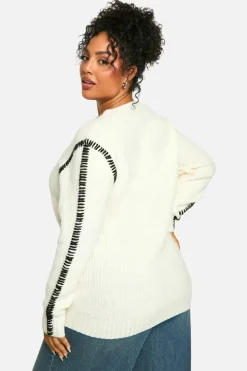 Jumpers*boohoo Plus Premium Contrast Trim V Neck Longline Jumper ecru