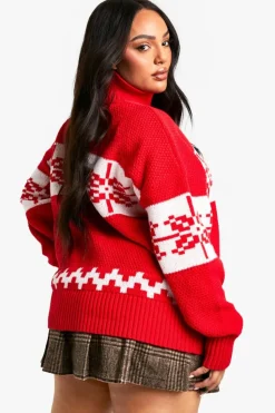 Oversized Jumpers*boohoo Plus Premium Fairisle High Neck Oversized Knitted Christmas Jumper red
