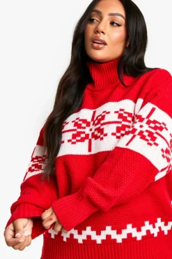 Oversized Jumpers*boohoo Plus Premium Fairisle High Neck Oversized Knitted Christmas Jumper red