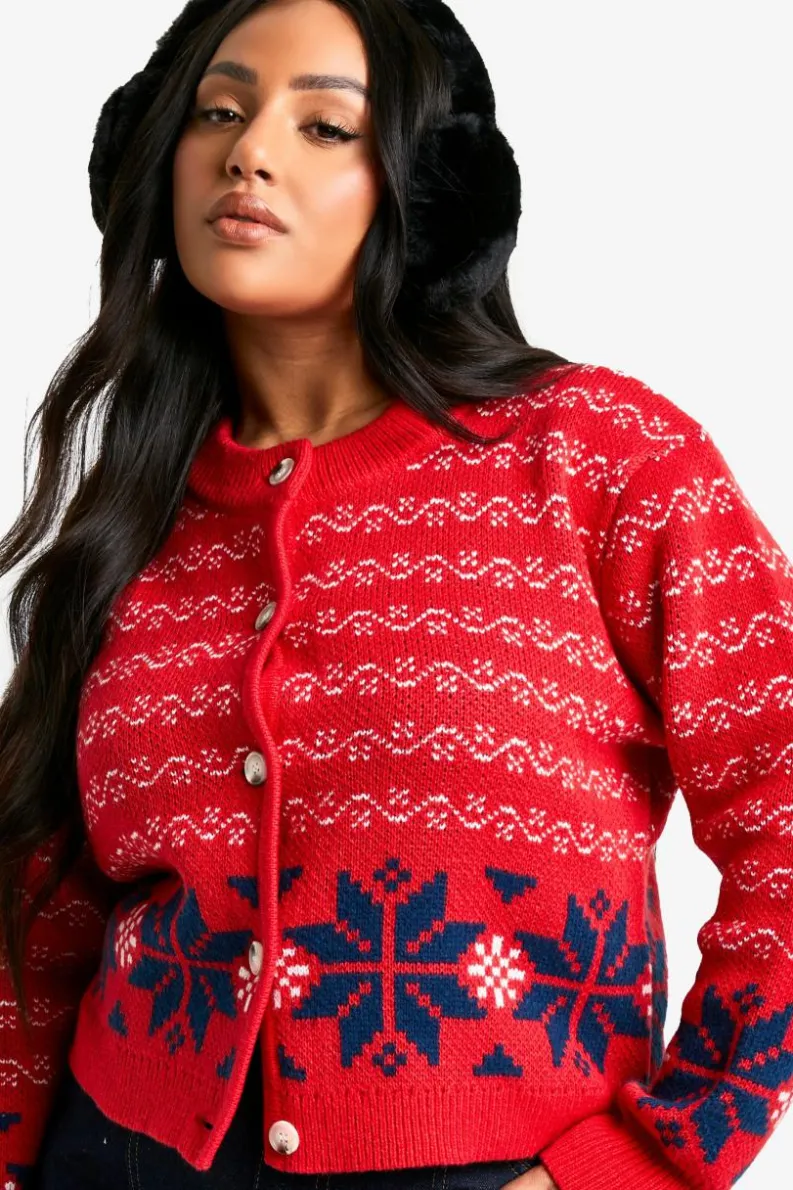 Cardigans*boohoo Plus Premium Fairisle Knitted Christmas Cardigan red