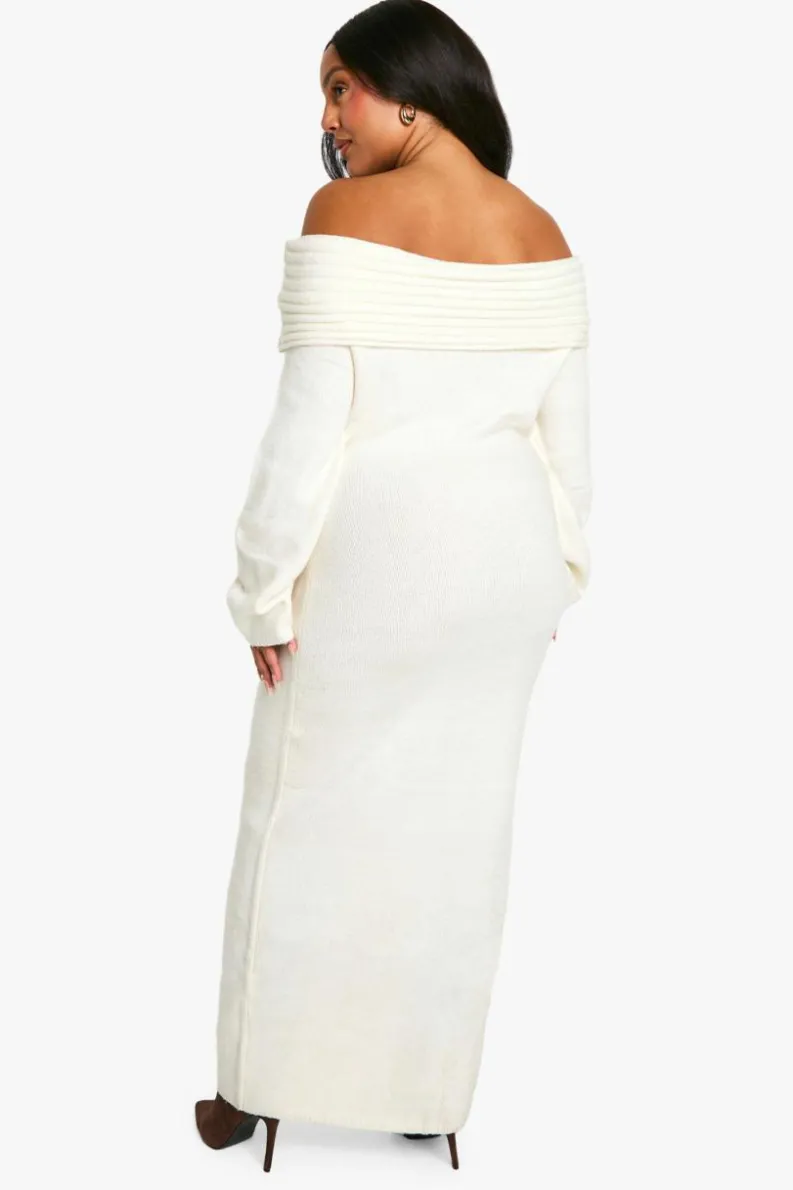 Jumper Dresses|Jumper Dresses*boohoo Plus Premium Oversized Rib Bardot Neckline Soft Knit Jumper Dress ecru