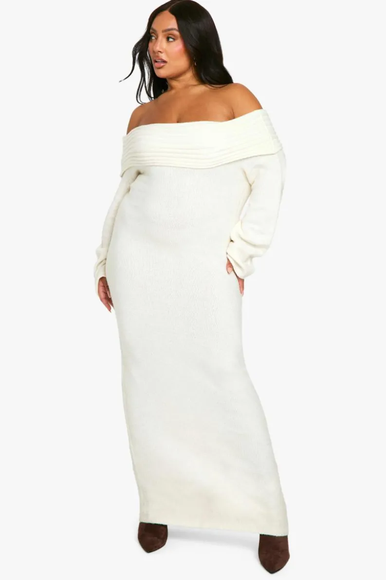 Jumper Dresses|Jumper Dresses*boohoo Plus Premium Oversized Rib Bardot Neckline Soft Knit Jumper Dress ecru