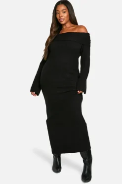 Jumper Dresses|Jumper Dresses*boohoo Plus Premium Oversized Rib Bardot Neckline Soft Knit Jumper Dress black