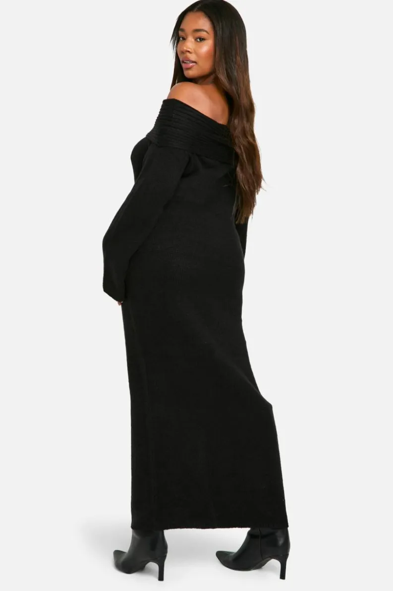 Jumper Dresses|Jumper Dresses*boohoo Plus Premium Oversized Rib Bardot Neckline Soft Knit Jumper Dress black