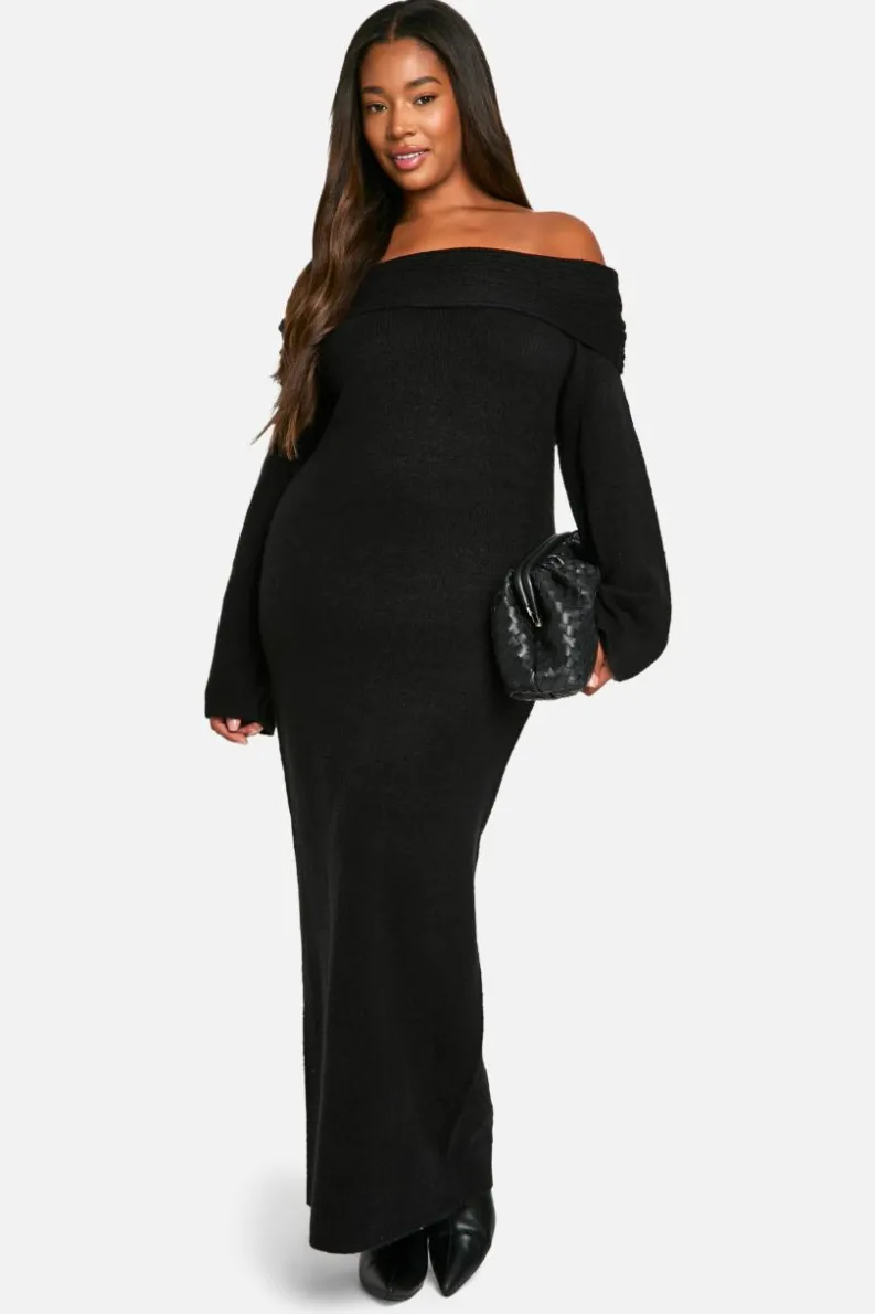 Jumper Dresses|Jumper Dresses*boohoo Plus Premium Oversized Rib Bardot Neckline Soft Knit Jumper Dress black
