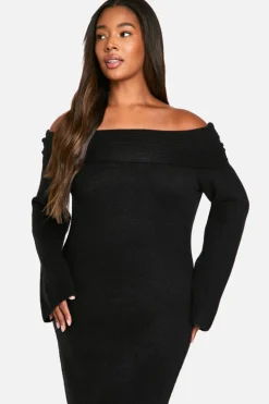 Jumper Dresses|Jumper Dresses*boohoo Plus Premium Oversized Rib Bardot Neckline Soft Knit Jumper Dress black