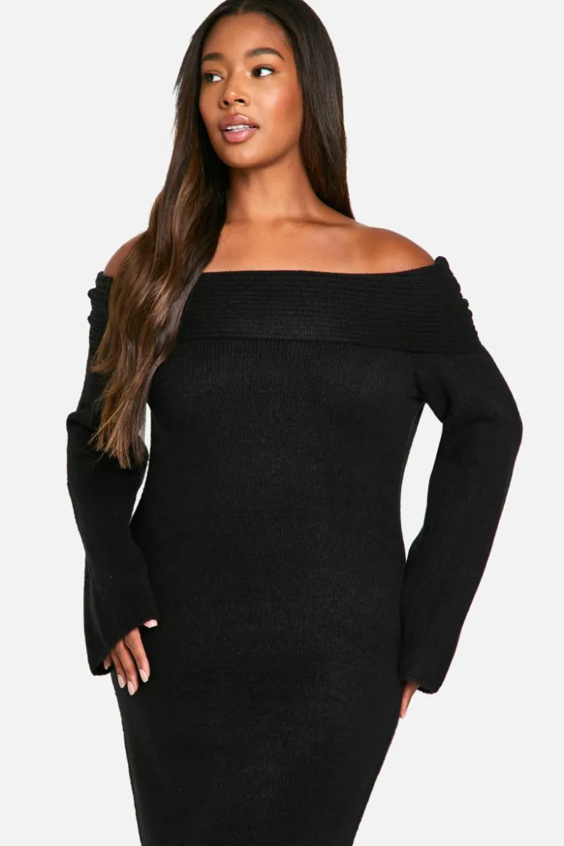Jumper Dresses|Jumper Dresses*boohoo Plus Premium Oversized Rib Bardot Neckline Soft Knit Jumper Dress black